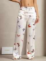 [White Butterfly] White 19 momme silk wide-leg pants with colorful butterfly print and drawstring waist 003