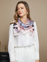 [P017] Woman wearing pastel floral mulberry silk square scarf styled as a neckerchief 002