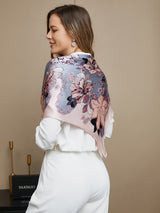 [P017] Pastel floral silk square scarf shawl worn over white outfit 003