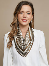 [P042] Woman wearing geometric pattern silk square scarf in brown and beige 001