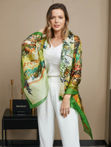 [P072] Woman wearing green oil painting print mulberry silk scarf shawl over white outfit 002