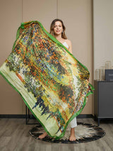 [P072] Green-bordered Mulberry silk oil painting scarf shawl with colorful abstract floral print 003