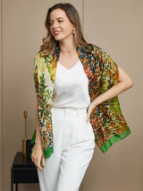 [P072] Woman wearing a multicolor 100% mulberry silk oil painting scarf shawl over a white outfit 009