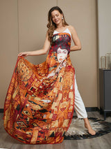 [P073] Model wearing oversized printed mulberry silk scarf shawl in orange and red abstract pattern 008